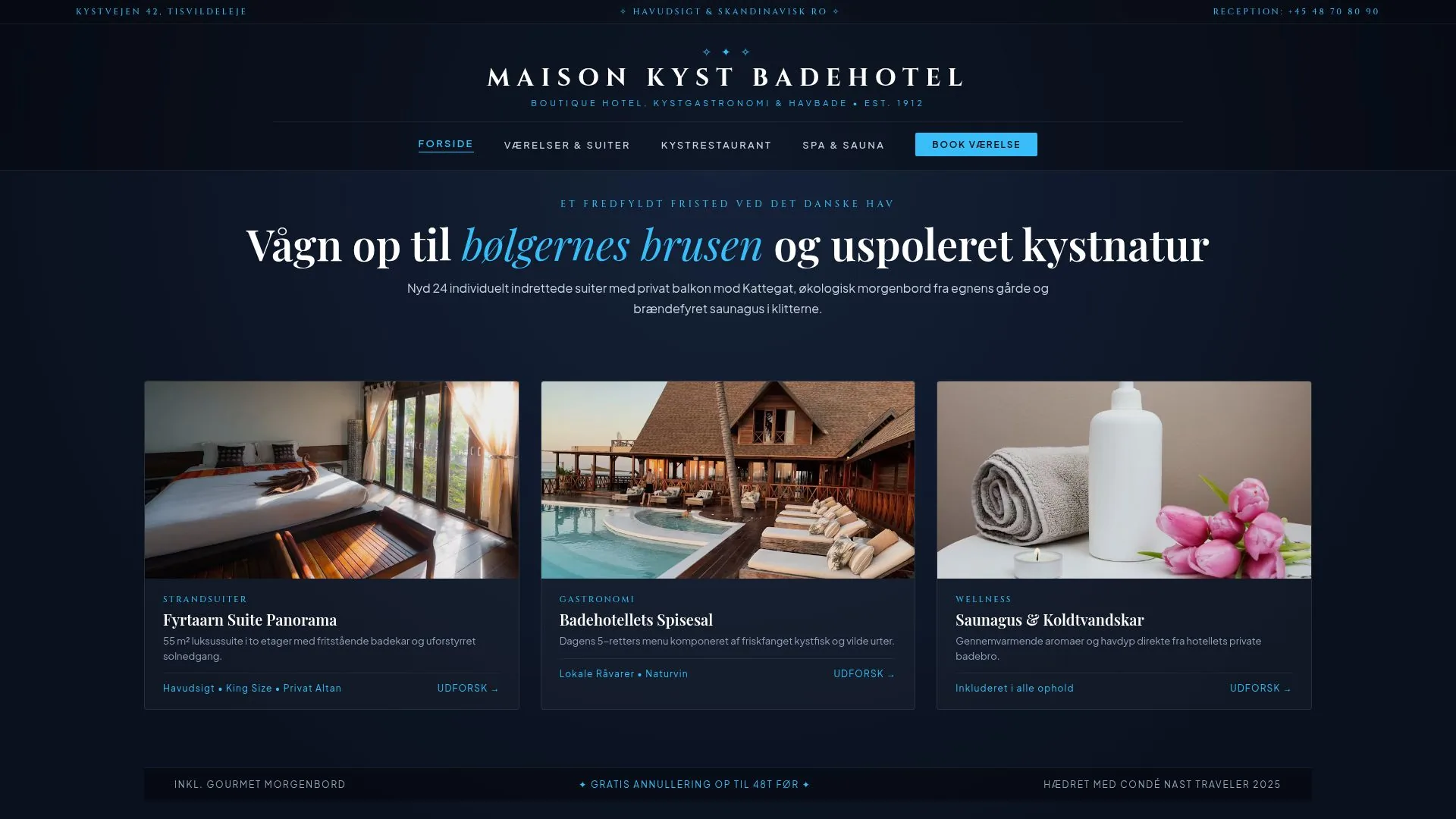 Designeksempel med mørkeblå baggrund, stor serifoverskrift og tre billedkort fra Maison Kyst & Badehotel.